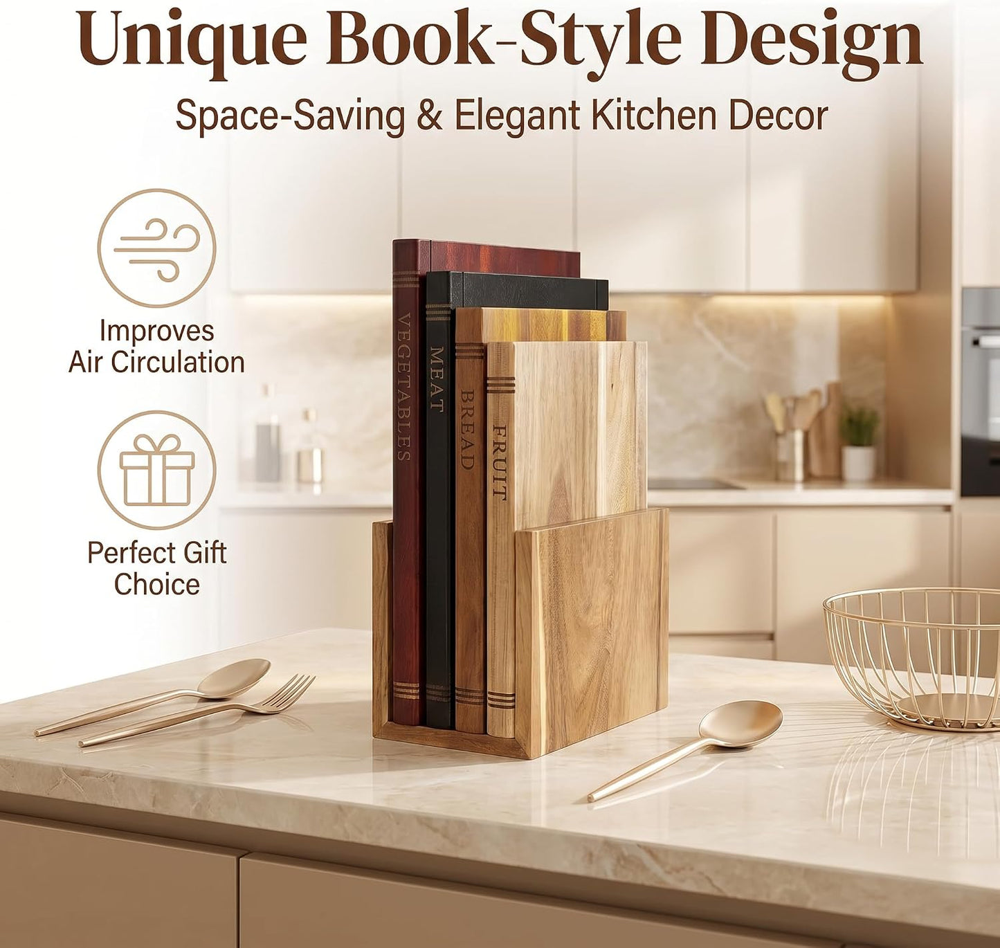 3-Piece 0.6in thickness Book Shaped Cutting Board Set - Food Safe, Non-Slip Chopping Boards for Kitchen Organization and Stylish Serving,Acacia Wood