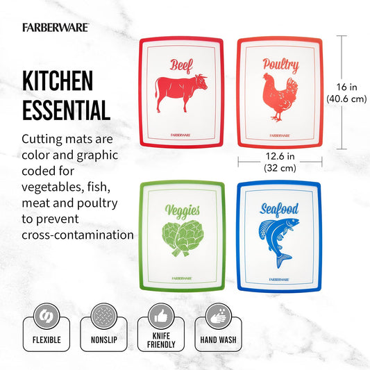 Farberware Flexible Cutting Mats with Food Icons, 11-Inch-by-15-Inch, Set of 4