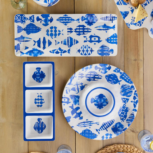 Fish Tale 3pc MELAMINE HOSTESS SET – 14.5" Chip Dip, Relish Tray, 19x8" Platter, Cobalt Fish School Art, Shatterproof Outdoor Entertaining, Poolside Party Serving, Mediterranean Coastal Hospitality