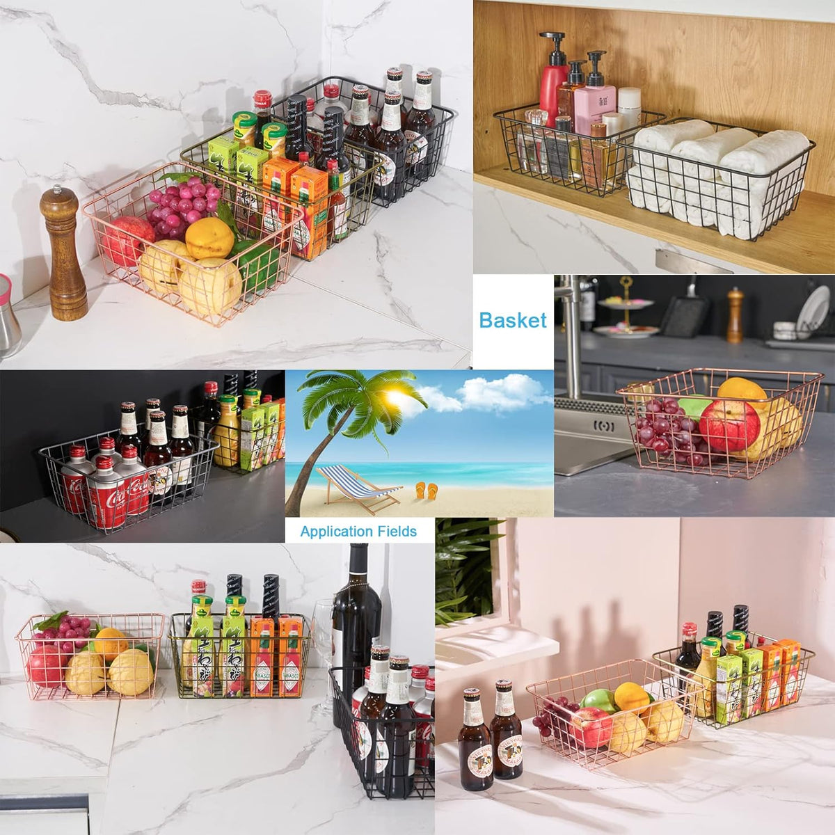 JUNCHU CHERRY Wire Kitchen Storage Basket 4 Packs,Perfect Pantry Organization Accessories Baskets,Laundry Basket,Countertop Organization,Suitable for Kitchen,Bathroom,Bedroom,Tabletop,Stackable,Chrome