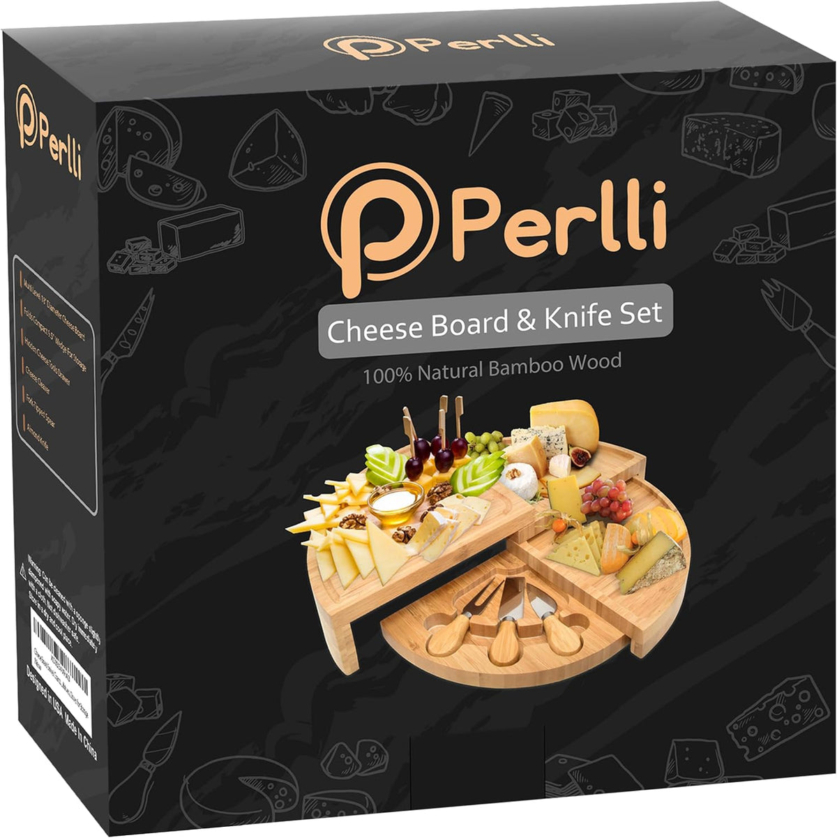 Perlli Bamboo Cheese Board & Knife Set, Large Folding 18 Inch Round Wood Rotating Charcuterie Board Set Cheese Meat Wine Serving Tray Platter, Home Decor