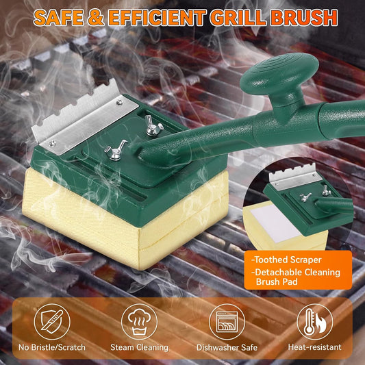 Grill Brush Bristle Free with Scraper,22" Long Steam Grill Brush for Outdoor Grill,Replaceable Cleaning Head,Ideal BBQ Gifts for Men Dad