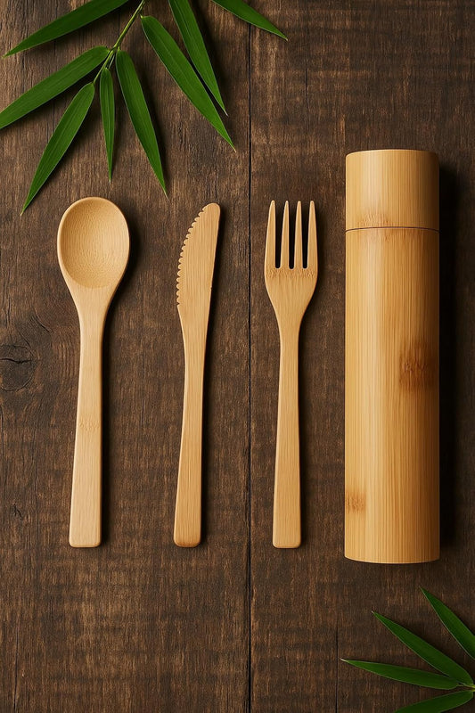 Eco-Friendly Travel Utensils Set: Lightweight Bamboo Forks, Spoons, Knives in Wooden Case, Reusable Utensils for Lunch Box, Kids Camping Cutlery, Sustainable Portable Flatware