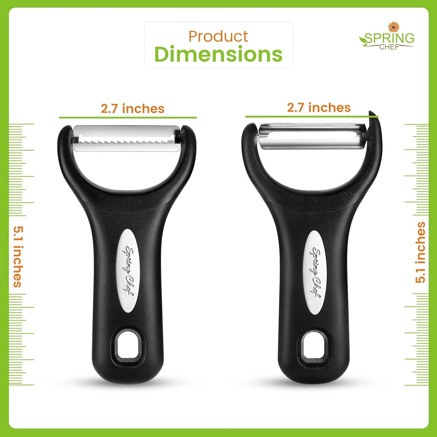 Spring Chef Swivel & Vegetable Julienne Peeler Set for Kitchen with Stainless Steel Sharp Blades - Potato Peelers with Soft Grip Handles & Blade Covers - Perfect for Carrot, Zucchini, Cucumber - Black