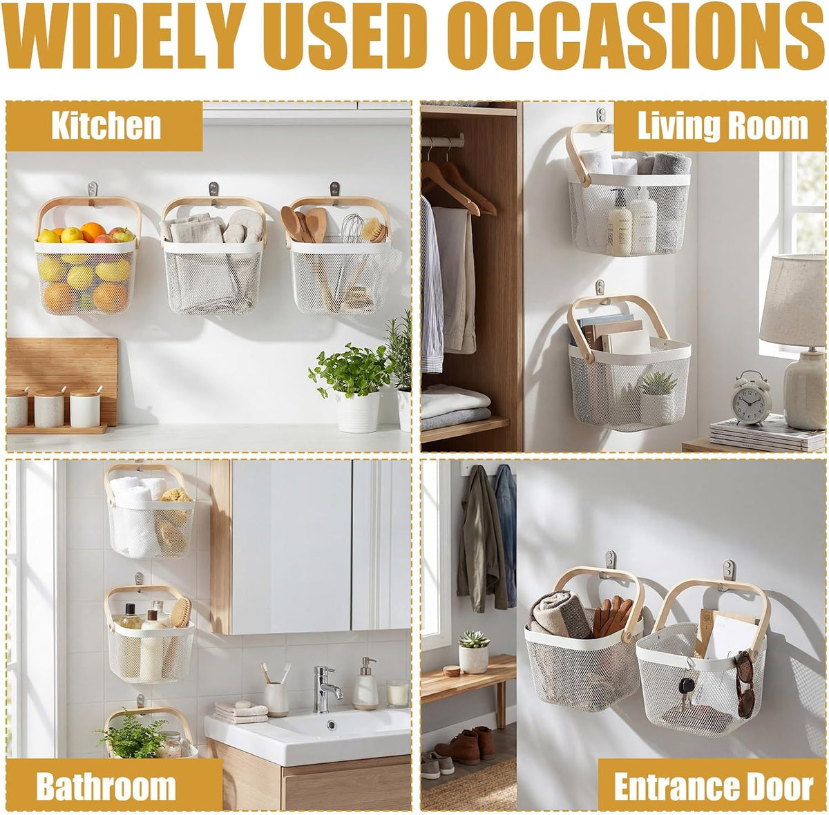 Maxdot 4 Pack Metal Mesh Basket with Wooden Handle White Square Wire Storage Organizer Basket Multi-functional Hanging for Kitchen Pantry Shelves Bathroom Counter Organizer