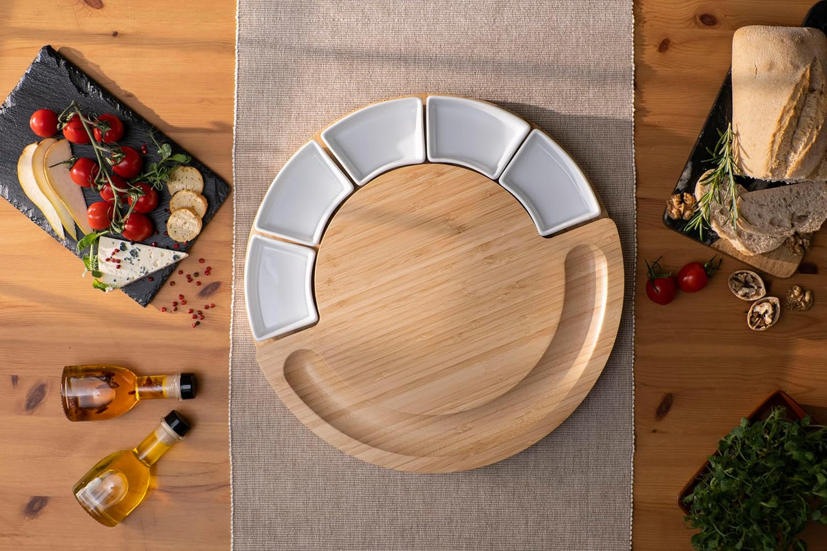 ChefSofi Charcuterie Board Set and Cheese Serving Platter - Made from Bamboo Wood - US Patented 13 inch Cheese Board and Knife Set for Entertaining and Serving - 4 Knives and 4 Bowls
