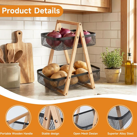 2 Tier Onion and Potato Storage Basket for Pantry, Wire Produce Organizer with Wooden Handle, Kitchen Counter Vegetable Bin for Garlic, Fruit, Bread and Snacks, Black