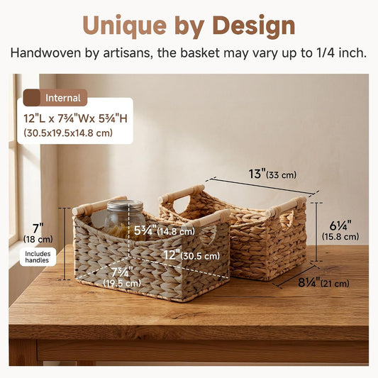 StorageWorks Wicker Baskets for Organizing, Water Hyacinth Storage Baskets with Handles, Woven Baskets for Pantry Storage, 13" x 8¼" x 7", 2-Pack