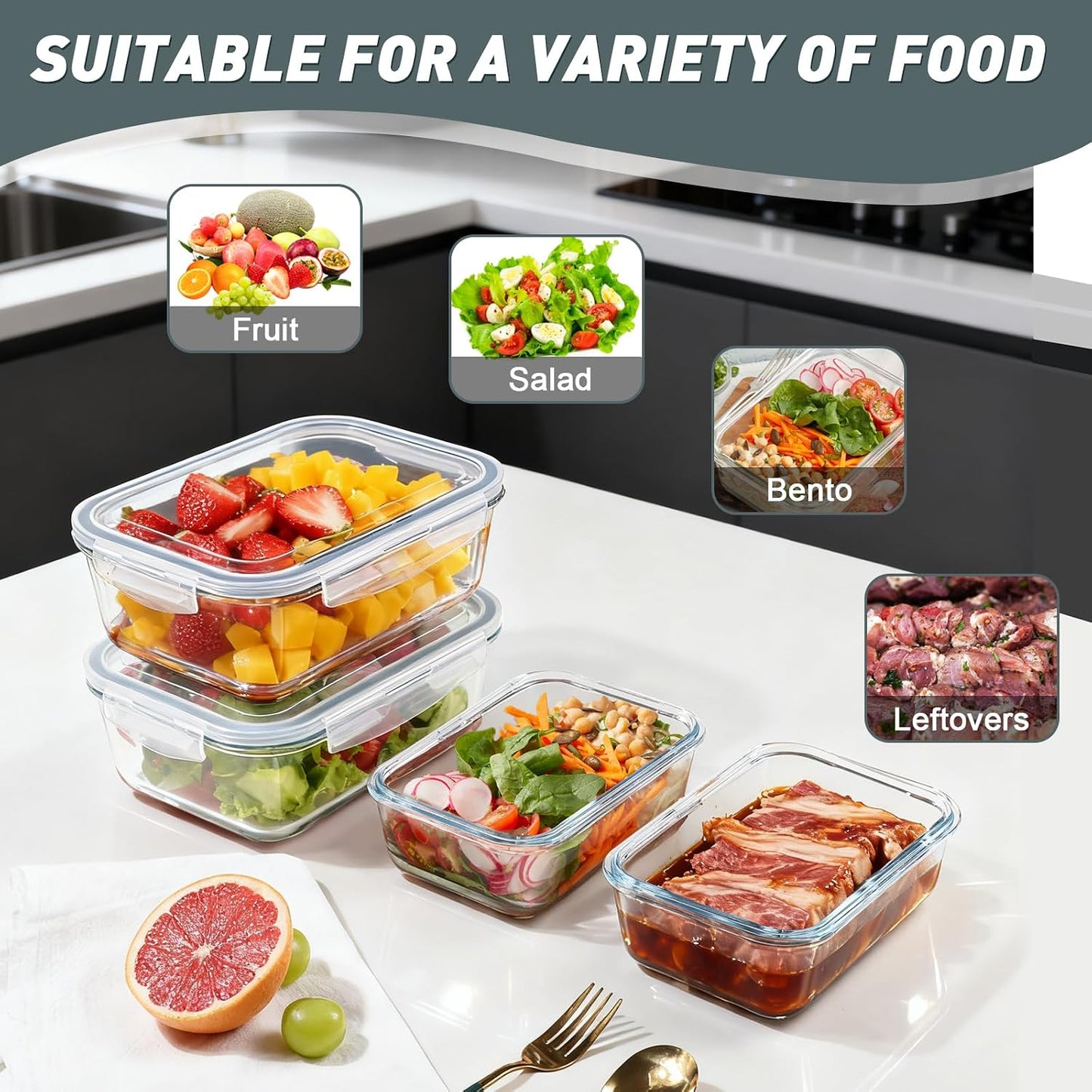 KOMUEE 4 Pack 63oz+27oz Large Glass Food Storage Containers Set with Airtight Lids, BPA-Free, Meal Prep Containers for Storing, Freezer, Microwave and Oven Safe