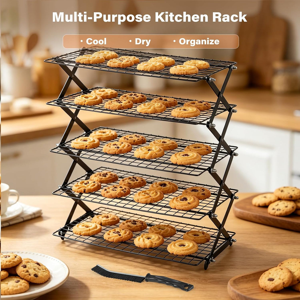 6 Tier Upgraded Collapsible Cooling Rack with Adjustable 3 Setting Design, Stackable Baking Rack with Clean Brush, Roasting Cooking Drying Wire Cooling Rack for Cookies Baking Roasting & Grilling