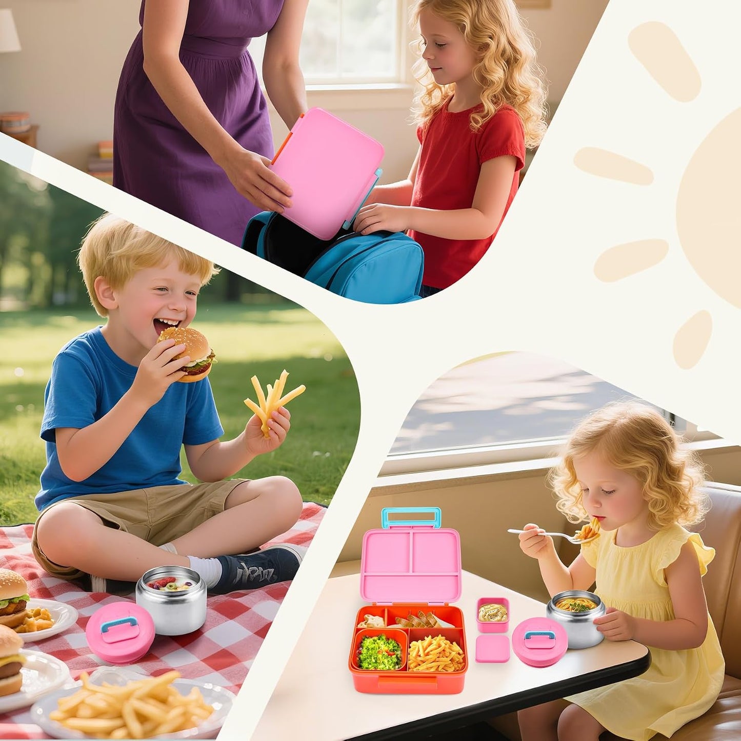 Bento Lunch Box for Kids with 8oz Soup Thermo Leak-Proof Lunch Food Containers with Snack Sauce Container for Kid Girls Boys to School (Pink Mermaid)