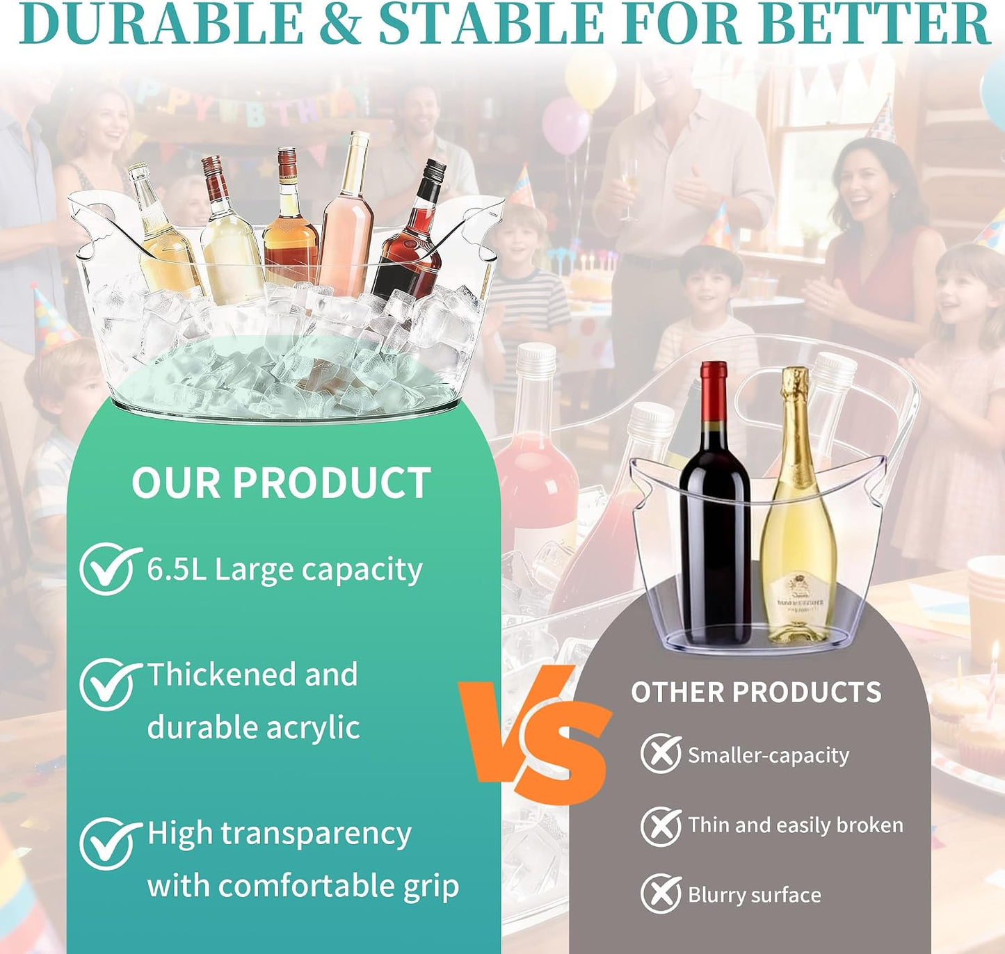 6.5L Large Ice Bucket for Parties, 2PCS Clear Acrylic Drink Buckets with Scoop & Metal Wine Bottle Opener, Champagne Bucket Tub for Wine, Beer, Cocktail Bar & Mimosa Bar Supplies Cooler