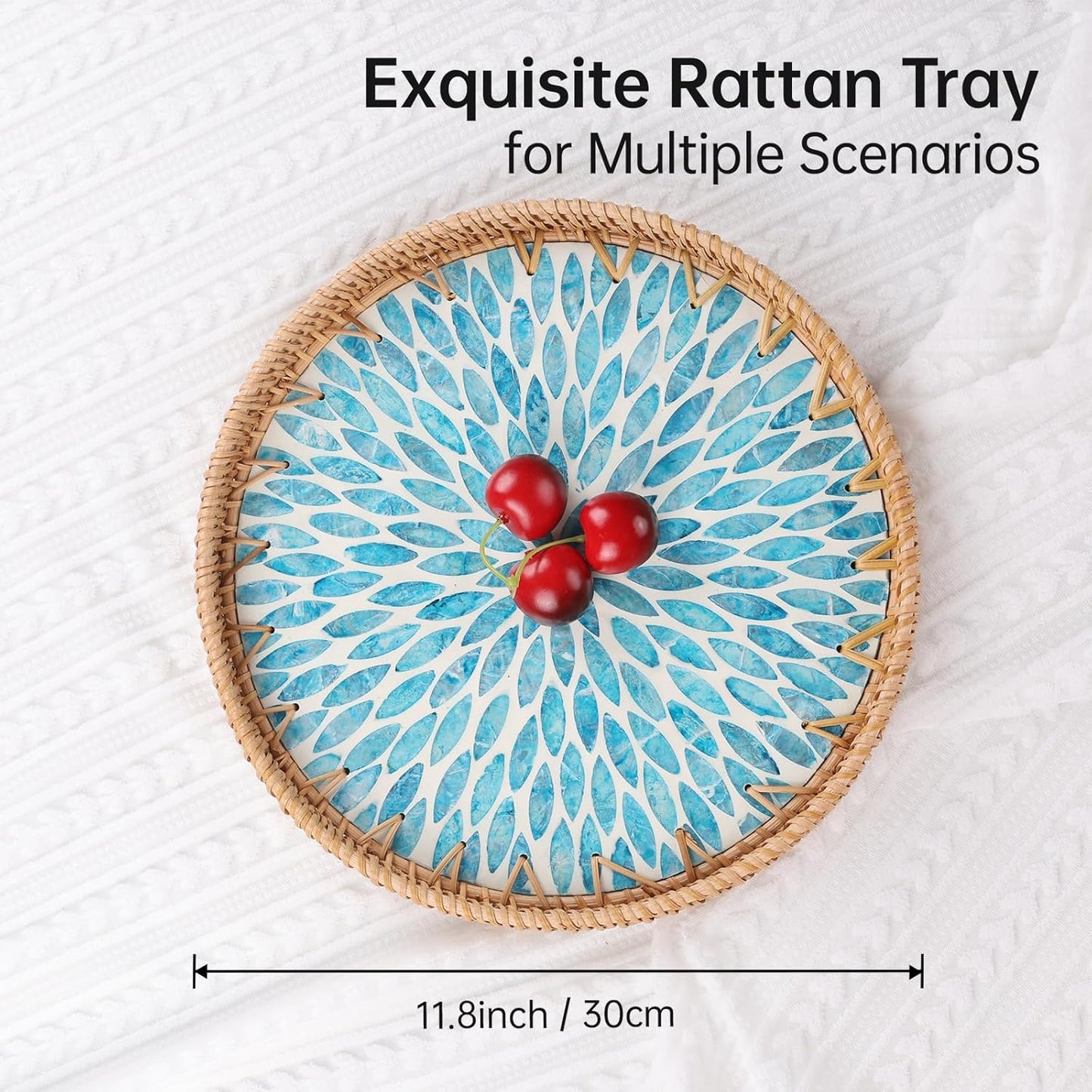 Round Rattan Tray with Mother of Pearl Inlay, Rattan Serving Tray for Coffee, Bread, Fruits, Decorative Wicker Tray for Table Decor, Home Decor, Kitchen Island Decor(Black Checkerboard, 11.8")