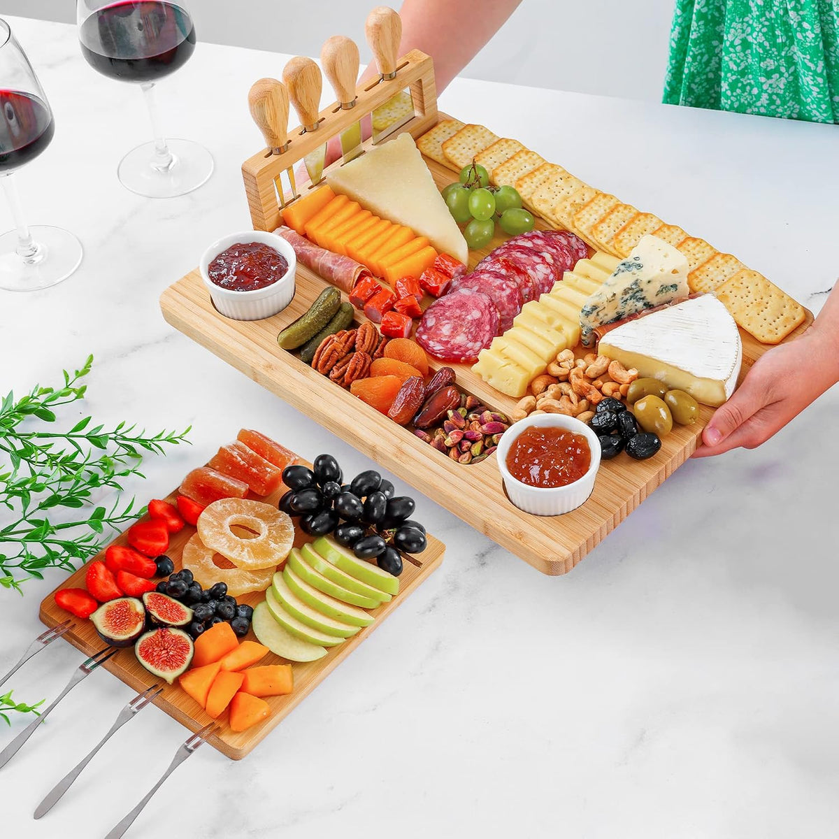 Zulay Kitchen Premium Bamboo Charcuterie Board - Extra Thick Bamboo Board with 4 Piece Knife Set - Perfect for Charcuterie, Wine and Cheese