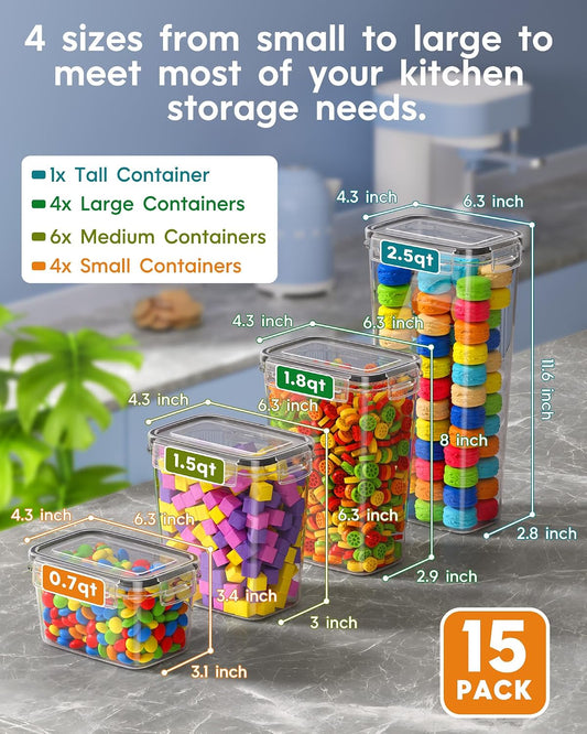 Airtight Food Storage Containers with Lids, 24 PCS Kitchen and Pantry Organization Canisters, BPA-Free, PVC-Free, Food-grade Plastic Leak-proof Jars for Cereal, Flour, Sugar, Extra 24 Labels & Marker