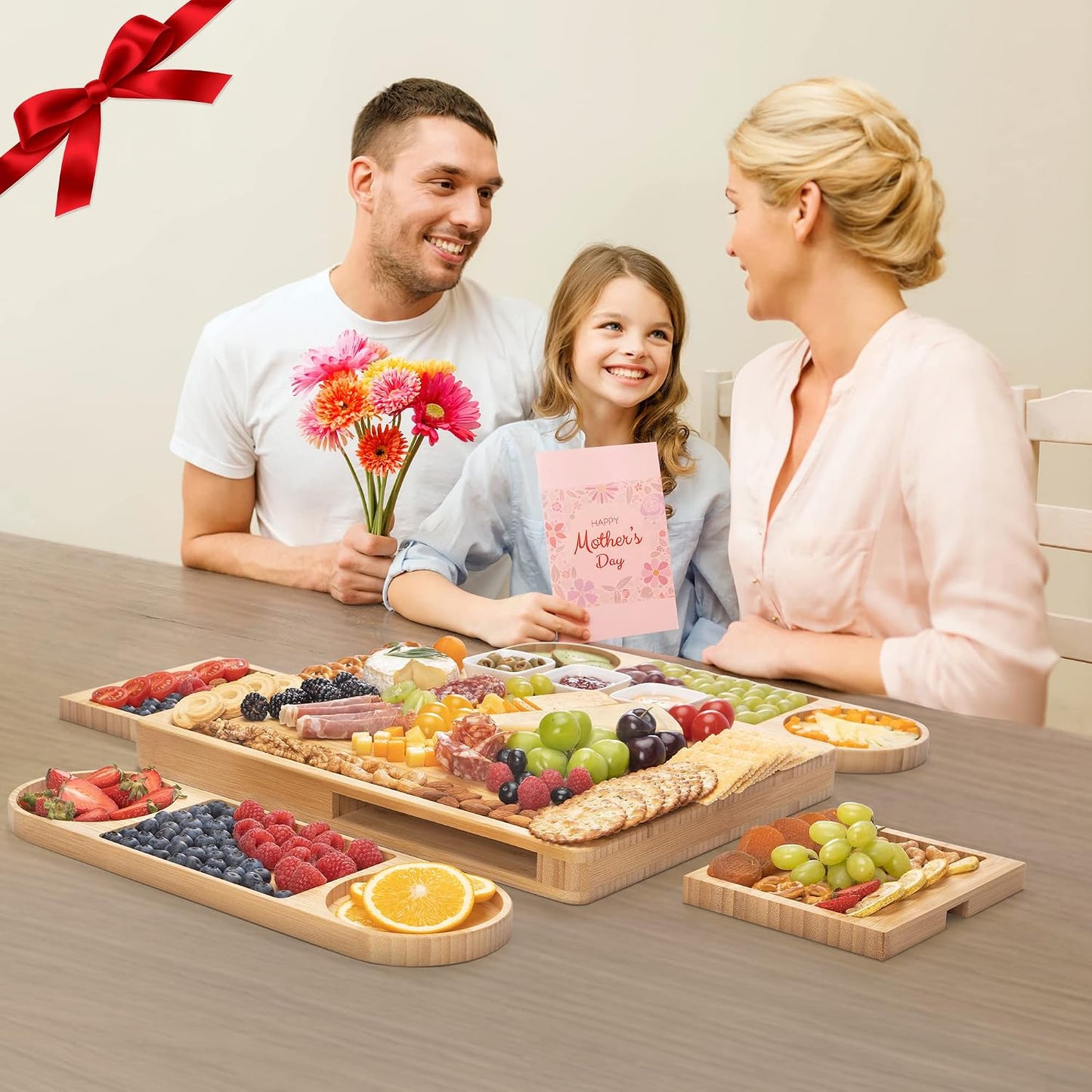 Charcuterie Board Set - FamRica Extra Large Cheese Board with 2 Drawers Bamboo Cheese Tray Serving - Unique Wedding Housewarming Birthday Gifts
