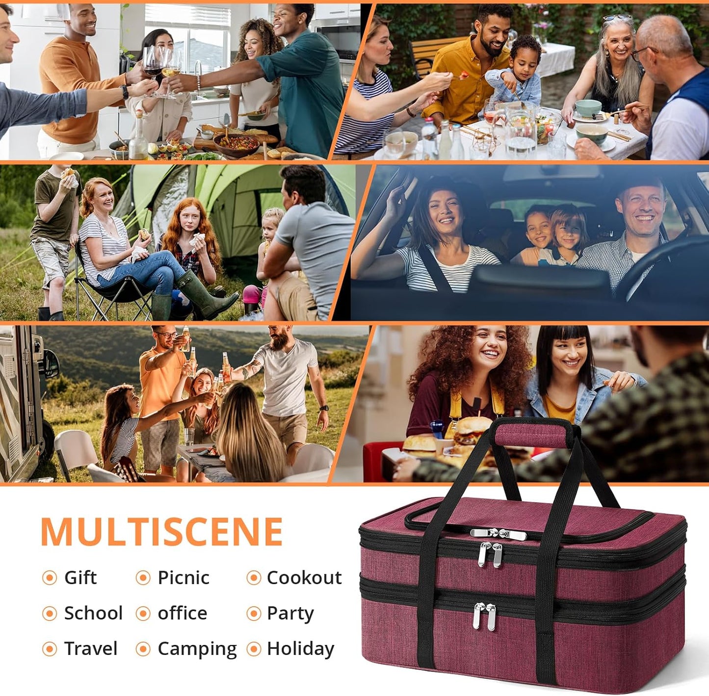 Double Insulated Casserole Carrier - Portable Casserole Carriers for Hot or Cold Food Lunch Tote Warmer or Cooler Bag for Potluck Parties Picnic Cookouts, Fits 9" x 13" Baking Dish - Grey