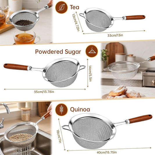 Fine Mesh Strainer Set, 30 Mesh 304 Stainless Steel Kitchen Sieve with Wooden Handle, 3 Sizes 12/14/18cm, for Sifting Flour, Tea, Rice, Pasta and Food Prep, 3 Piece Set
