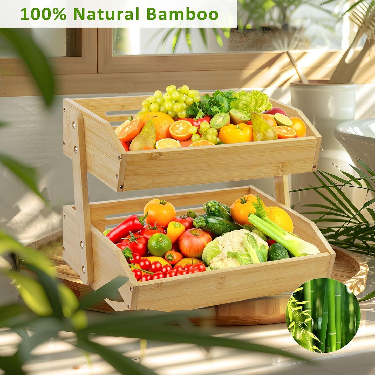 mobzio Fruit Basket Stand, 2 Tier Fruit Basket for Kitchen Counter, Produce Basket for Fruit and Vegetable Storage, Bamboo Basket Fruit Bowl Display Rack, Fruit Holder Snack Organizer