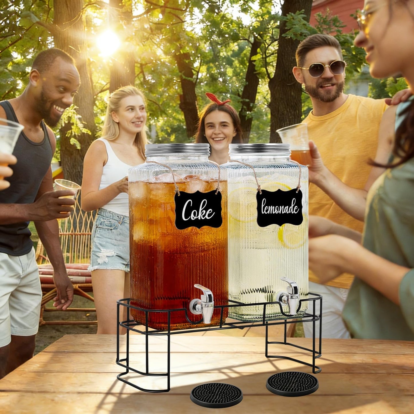 2 Pack 2 Gallon Glass Drink Dispenser Glass Beverage Dispenser with Stand Spigot Drink Coasters and Filter Leakproof Water Jar Clear Iced Drink Jug for Parties Juice Lemonade Picnics Fridge