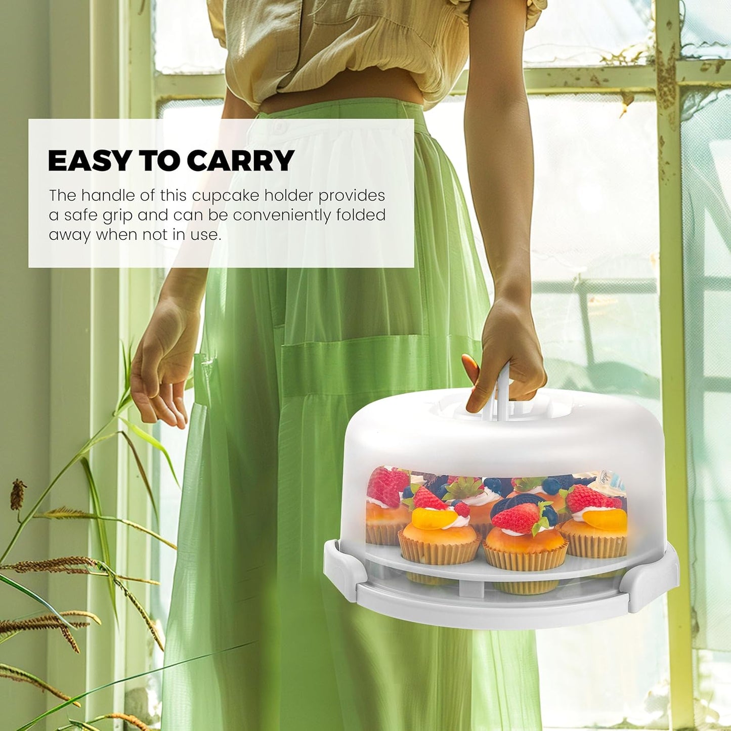 NPLUX Green Cake Containers with Lids Round Plastic Cupcake Holders 4-in-1 Multipurpose Cake Carrier Holder for 11 Inch Cake Pies Cupcake Eggs Fruit or Snack Transport