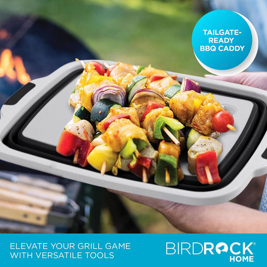 BIRDROCK HOME Collapsible Large BBQ Prep Tub w/Cutting Board, Multi-Function Grill Caddy w/Colander & Lid, Portable Silicone Dish Bowl for Picnic, Tailgate, Camping - Black