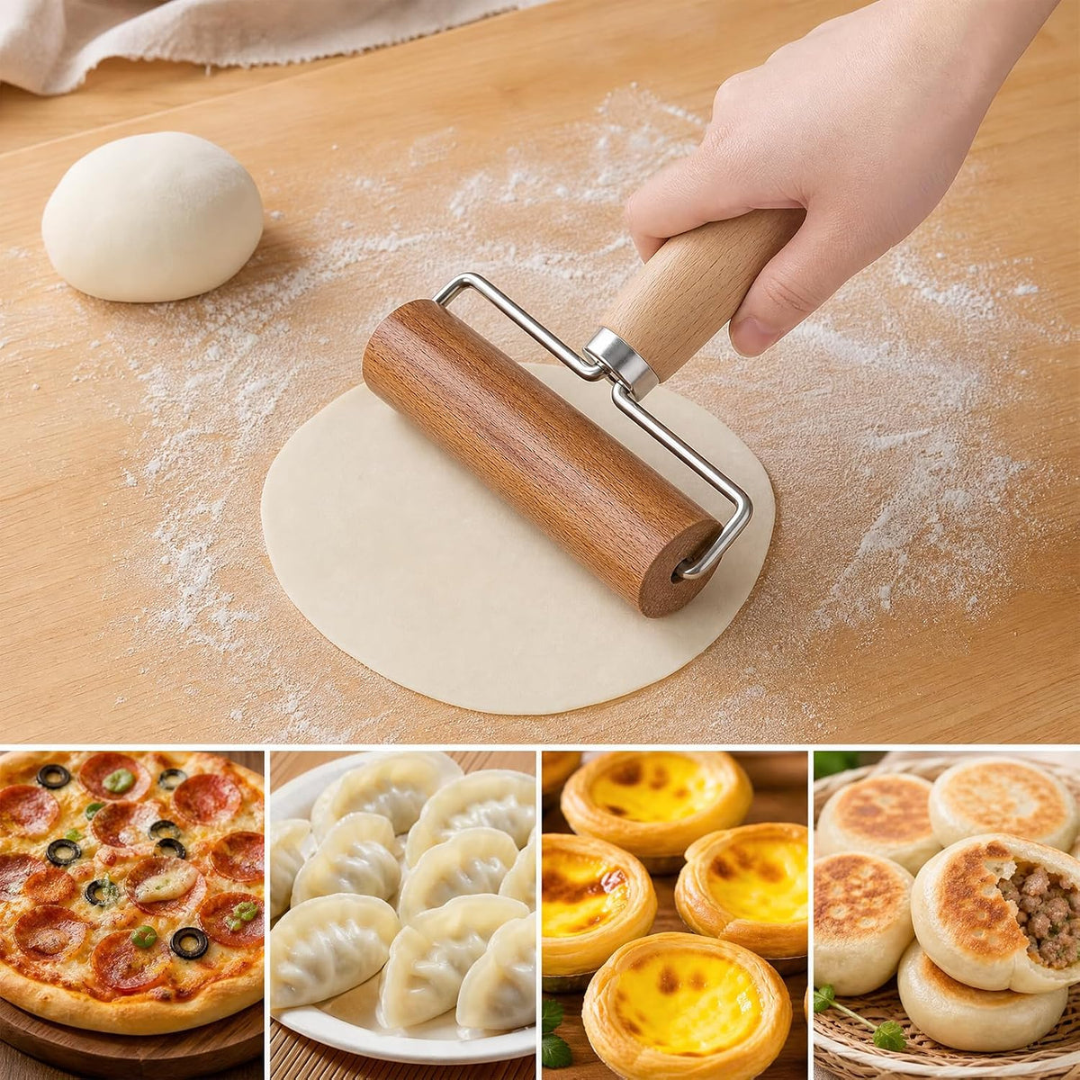 2 Pcs Small Rolling Pins with Handle Wooden Dough Roller for Baking Pizza