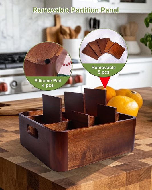 Acacia Wood Utensil Holder, Silverware Organizer Caddy with 4 Anti-Slip Pads, 5 Removable Dividers Utensil Organizer for Kitchen Counter, Party, and Picnic