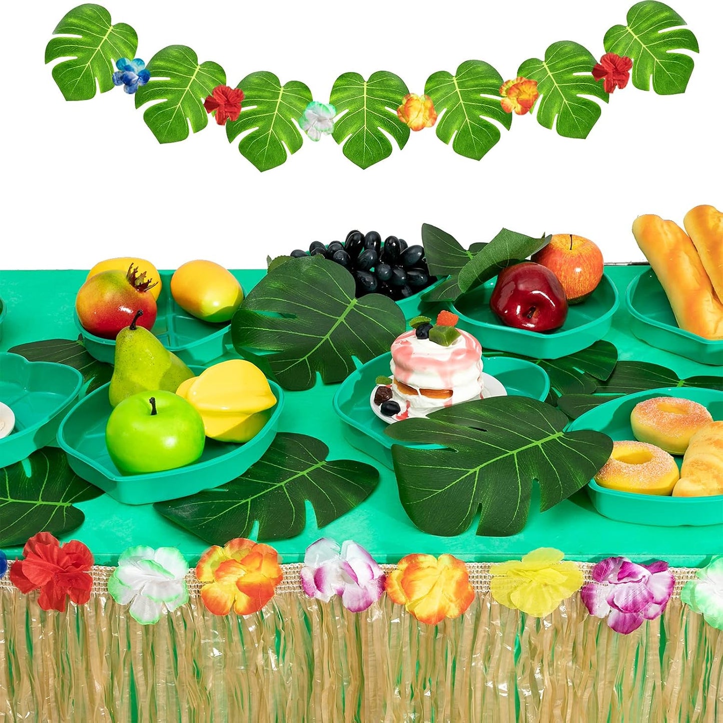 Zopeal 12 Pieces Palm Leaf Plates Hawaii Style Snack Tray Reusable Cookies Candy Dip Palm Leaf Serving Platter Green Plastic Food Tray Luau Party Plates for Jungle Safari Tropical Birthday Supplies