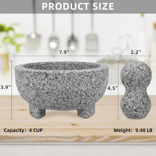 Granite Mortar and Pestle Set Guacamole Bowl Molcajete 8 Inch 4 Cup