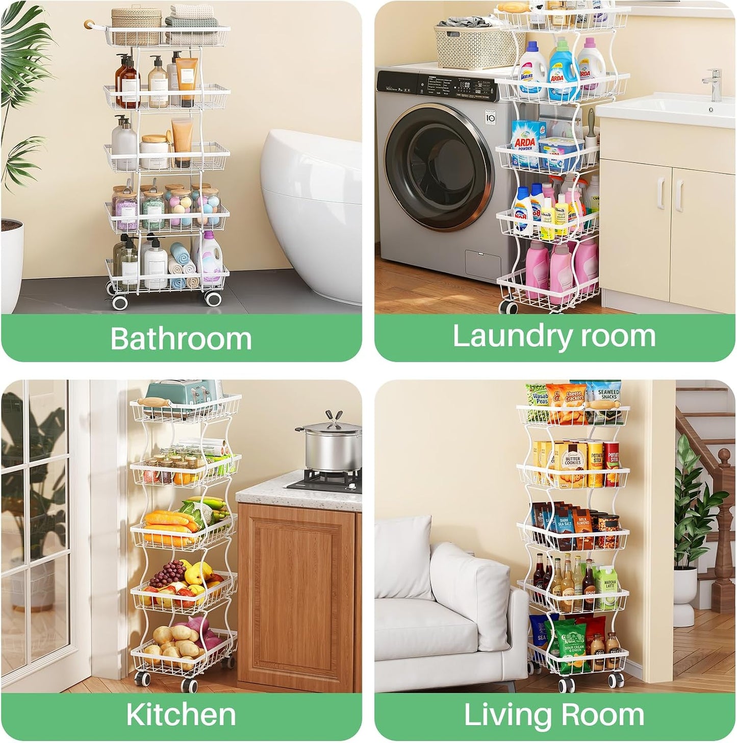 SAYZH Fruit Basket Kitchen Pantry Organizers and Storage - 4 Tier Stackable Metal Wire Basket Stand for Fruit Vegetable Snacks Jars Bins Containers Organization(Black, 4 Tiers)