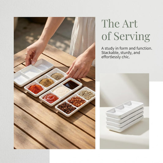 Ceramic Divided Serving Tray 5.8 inch, 4 Pack 3 Compartment Appetizer Tray White Stackable Chip and Dip Serving Dish Condiment Server for Entertaining, Snack Food Dessert, Dishwasher Safe