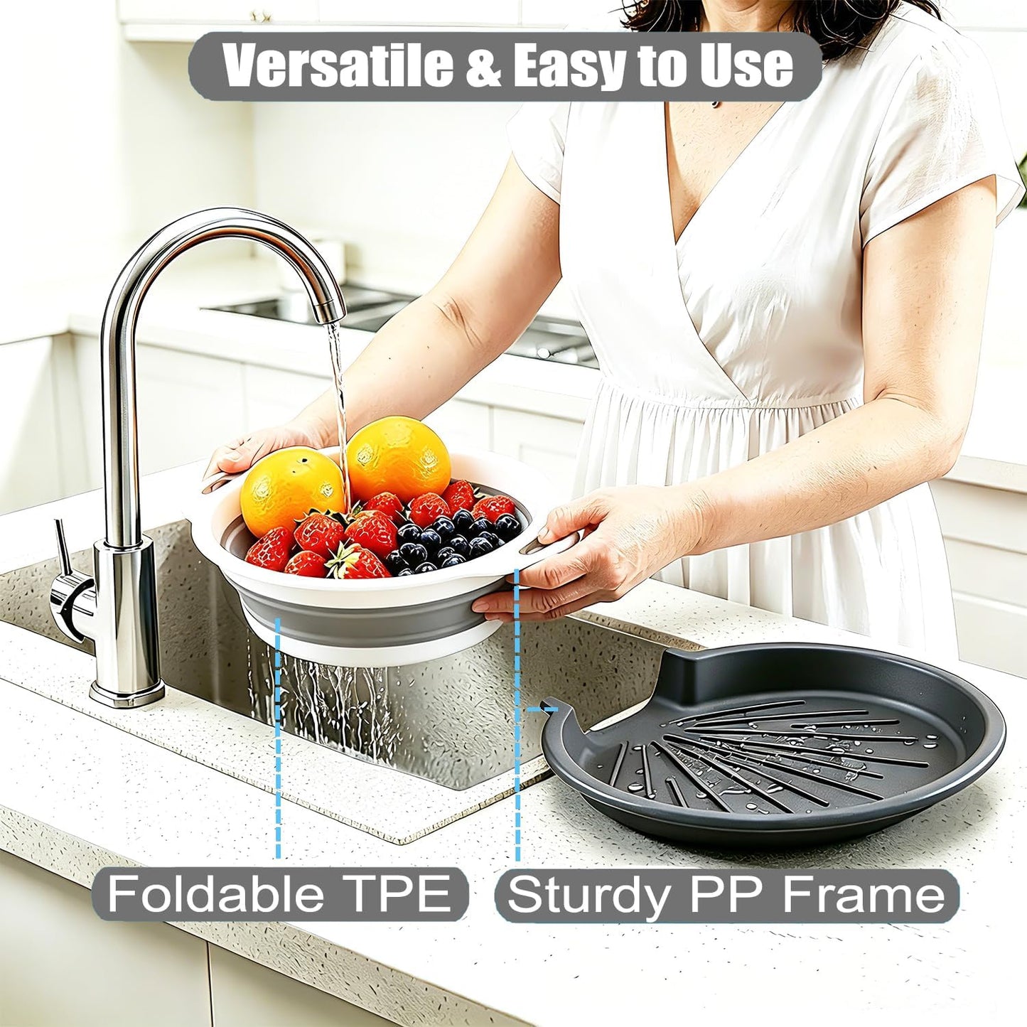 Collapsible Colanders Food Strainers, 3-Pack Foldable Kitchen Strainers with Over-Sink Water Draining Tray, Space Saving Kitchen Drainer for Vegetables, Fruit, Pasta and Rice (White-Gray)
