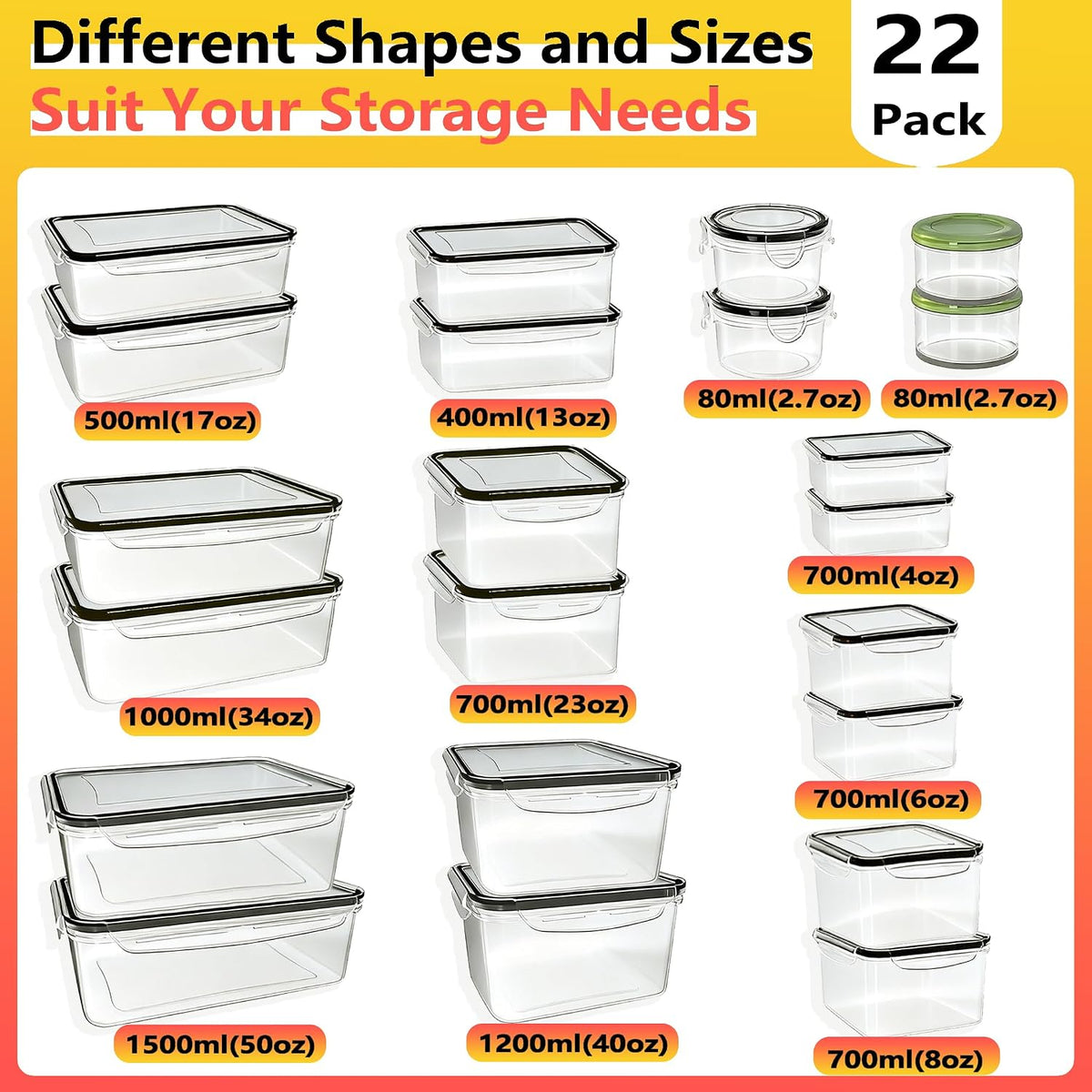 52 PCS Large Food Storage Containers with Lids Airtight, BPA-Free Leakproof Plastic Meal Prep Containers Reusable,Microwave & Dishwasher & Freezer Safe,Includes Labels & Pen