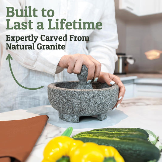 PriorityChef Granite Mortar and Pestle Set - 6.1 Inch Natural Stone Molcajete Mexicano for Spices, Seasonings, Pastes - Pestle and Mortar Bowl for Fresh Guacamole, Salsa, Pesto, Small, Grey