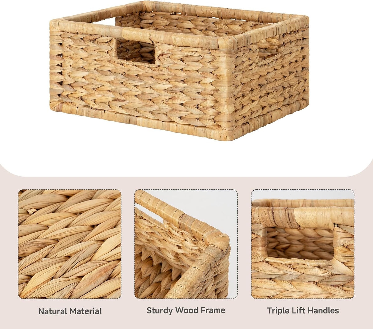 StorageWorks Wicker Basket for Organizing, Pantry Organizer with Wooden Frame, Water Hyacinth Storage Basket for Shelves