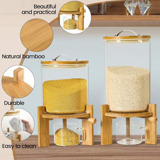Rice Dispenser, Rice Storage Container:Flour and Cereal Container with Airtight Lid and Wooden Stand, Glass Food Storge Container for Kitchen Organization and Pantry Store (5L)