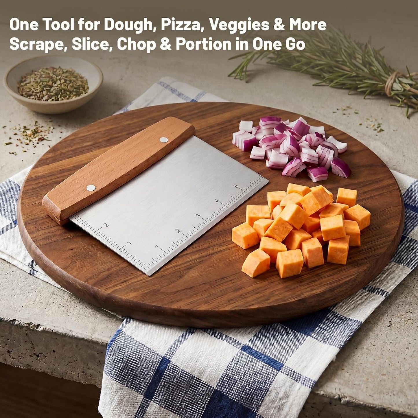 Chumia 2 Pcs Bench Scraper Stainless Steel Dough Cutter with Measurement Marks and Wooden Handle Multipurpose Bread Pizza Food Griddle Scraper Dishwasher Safe for Baking Cooking Pastry Cake