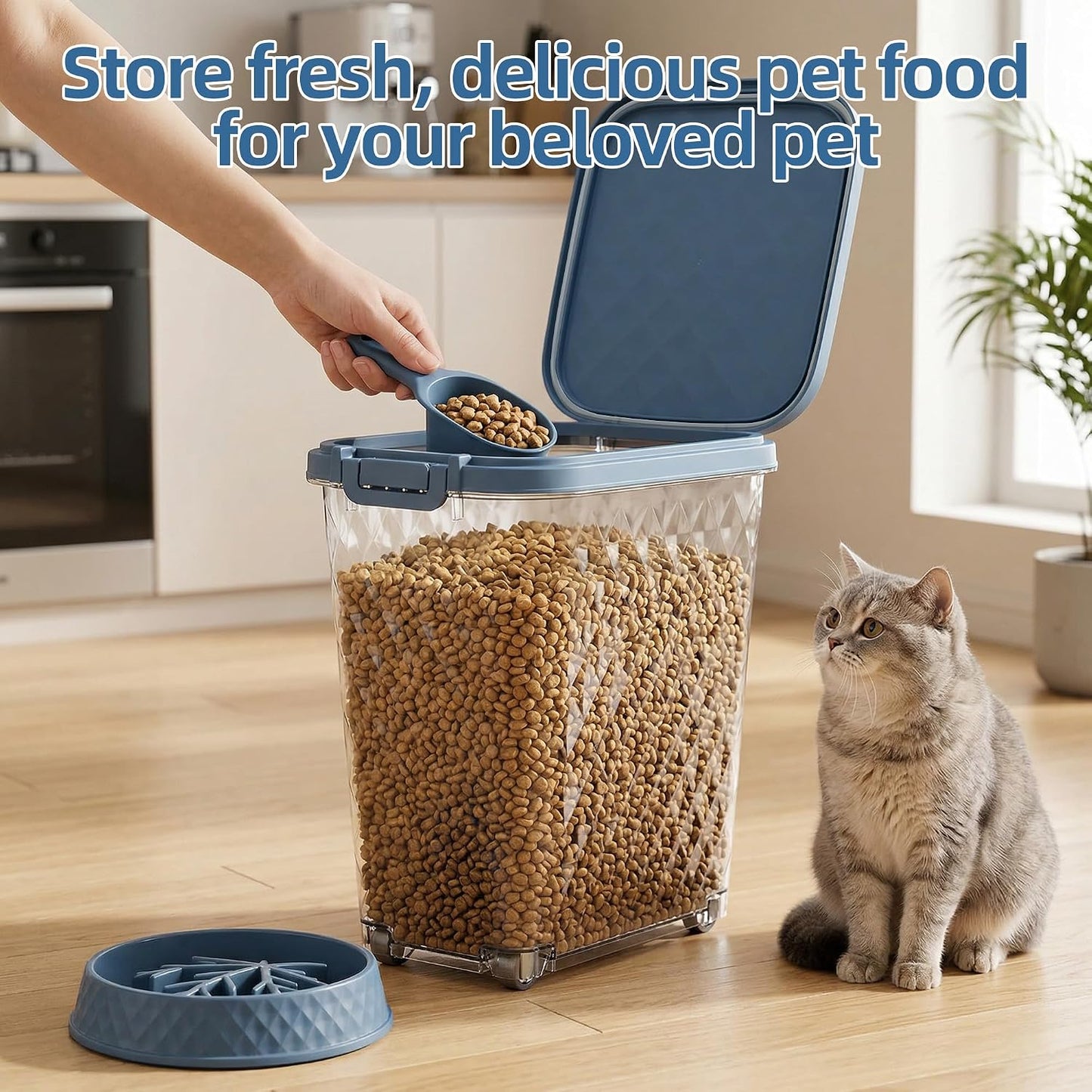 Airtight Dog Food Storage Container 30 lb with Attachable Wheels, Clear Pet Food Sorage Containers with Scoop & Slow-Feeding Bowl, Easy to Move Clean Refill, Fit for Dog Cat Bird Food