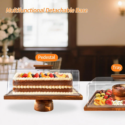 Acacia-Wood-Cake-Stand With Acrylic Lid, Rectangular Cake Plates Charcuterie Board With Cover, 2-in-1 Cake Holder With Dome,Dessert Table Display Stand For Cheese, Chips & Dips, Nachos, Fruit Platter