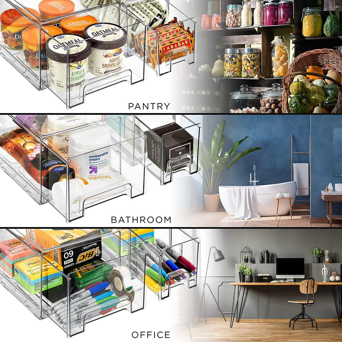 Sorbus Medium Clear Storage Drawers (6 Pack) – Stackable Organizer Drawers for Fridge, Pantry, Kitchen – Pull-Out Storage Bins with Handles, Slide Out Acrylic Drawers