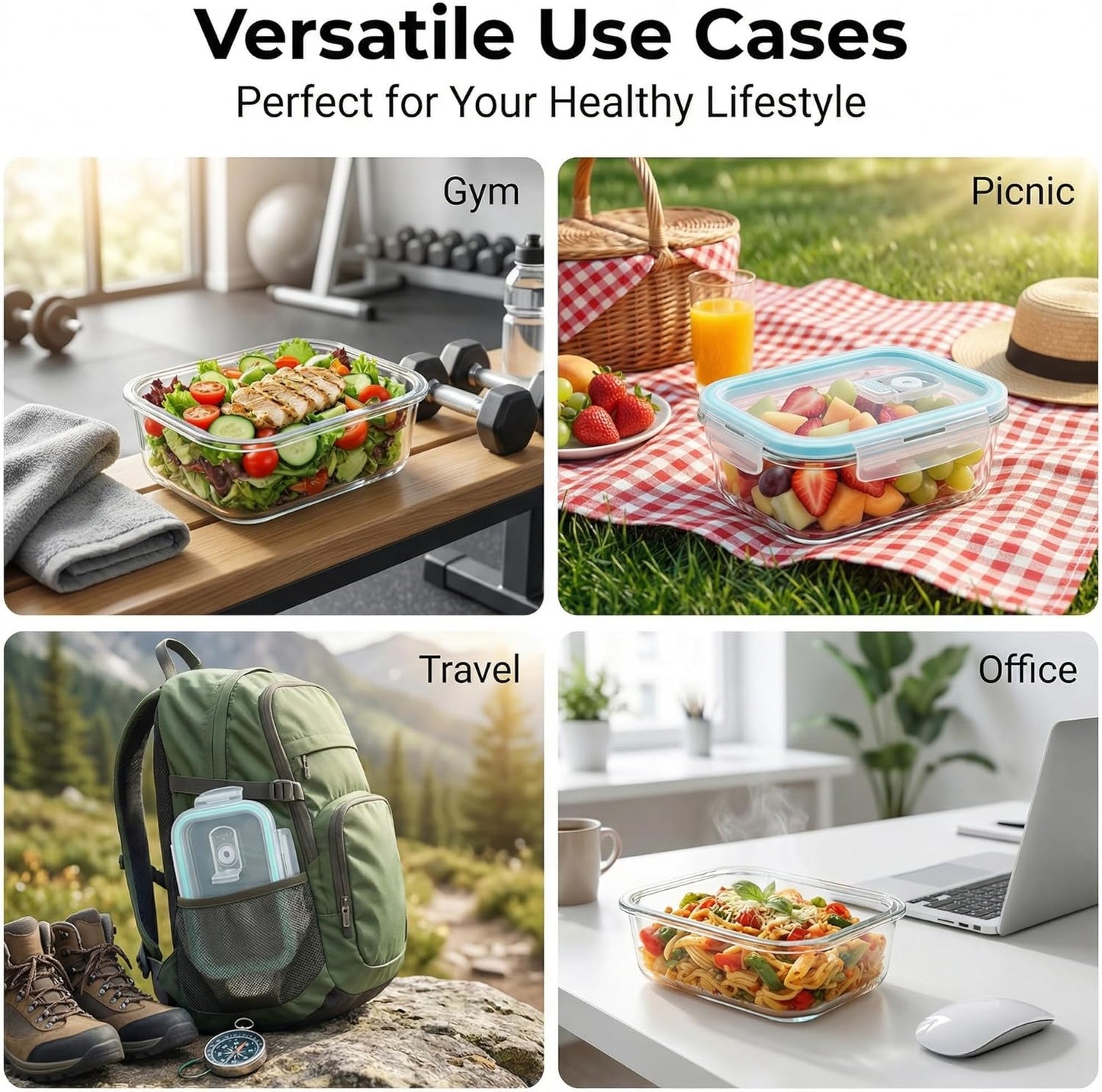 High Borosilicate Glass Food Storage Containers,Stackable Meal Prep Containers with Airtight Plastic Lids,BPA-Free, Leak-Proof,Reusable for Microwave, Oven, Freezer and Dishwasher,3Piece Set