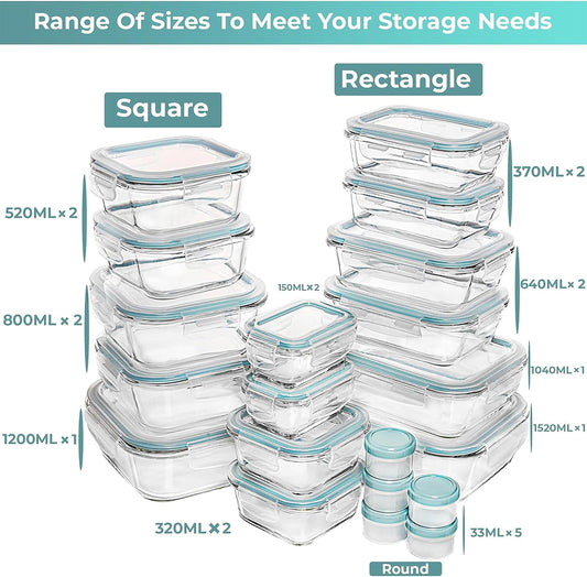 Razab 35 Pc Set Glass Food Storage Containers with Lids - Meal Prep Airtight Bento Boxes BPA-Free 100% Leak Proof (15 lids,15 glass & 5 Plastic Sauce/Dip Containers)