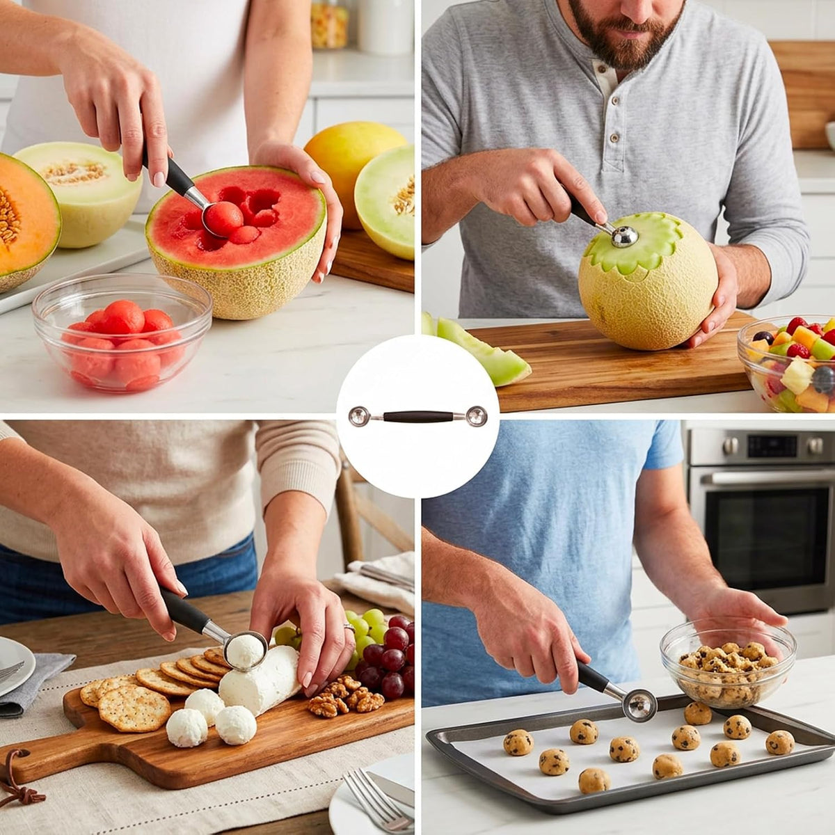 Melon Baller Scoop, Stainless Steel Dual-End Fruit Baller Scoop, Professional 3-in-1 Fruit Carving and Scooping Kit, Melon Balls Scooper for Watermelon, Ice Cream, Fruits, Sorbet and Meatballs