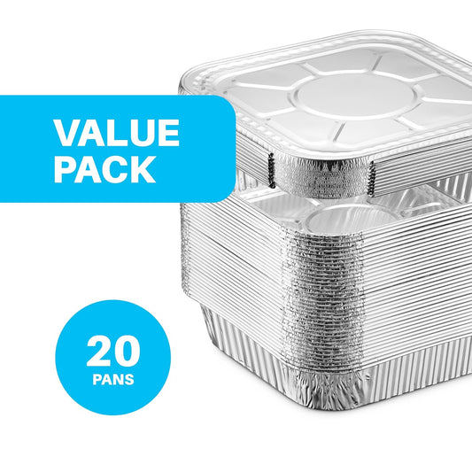 MontoPack 8” Disposable Aluminum Foil Square Baking Pans | 8 x 8 Cake Pan Tin for Broiling, Toaster Oven, Meal Prep, Roasting, Take Out | 20 Pack (8" X 8" Without Lids)