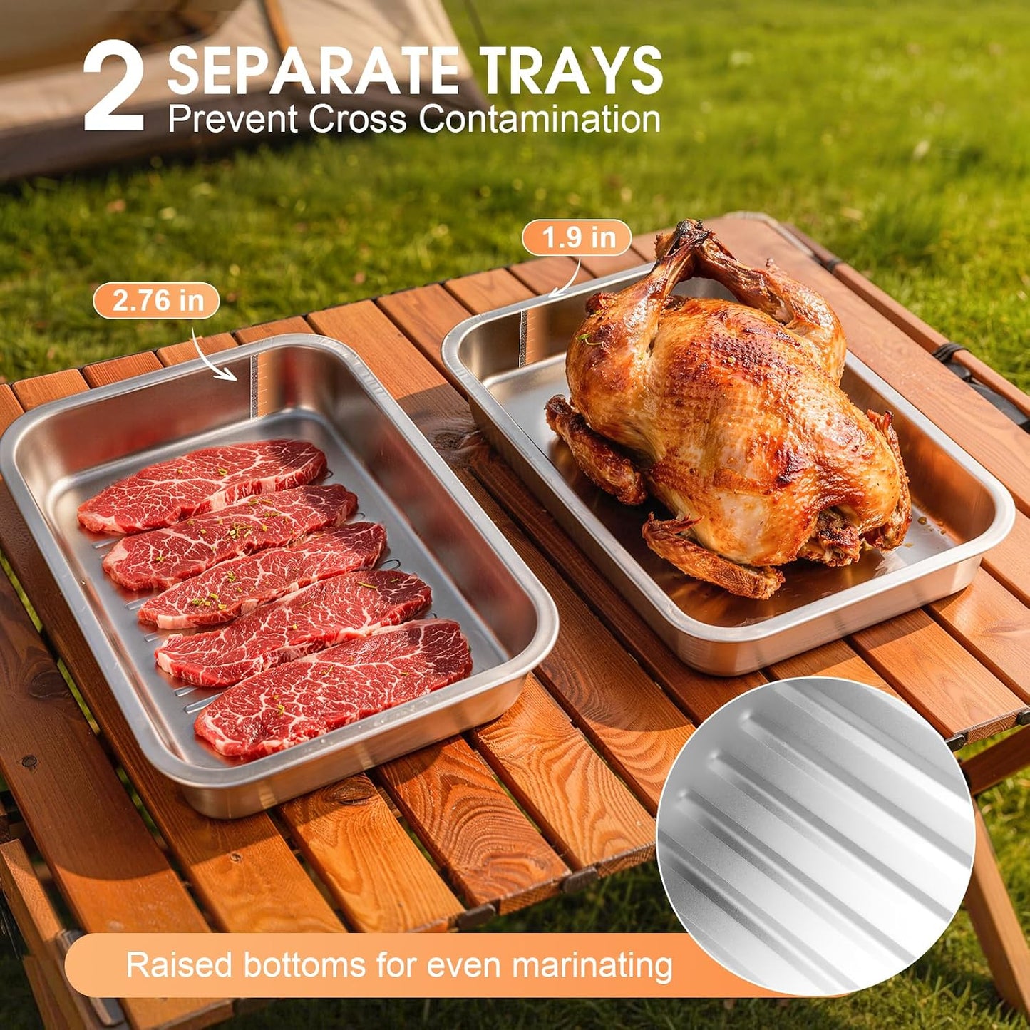 6-in-1 Grilling Prep and Serve Trays Set, 15.7" Stainless Steel Grill Carry System with Lid, Punched Tray, Draining Rack and Bamboo Cutting Board, BBQ Meat Marinade Container, Grilling Gifts for Men