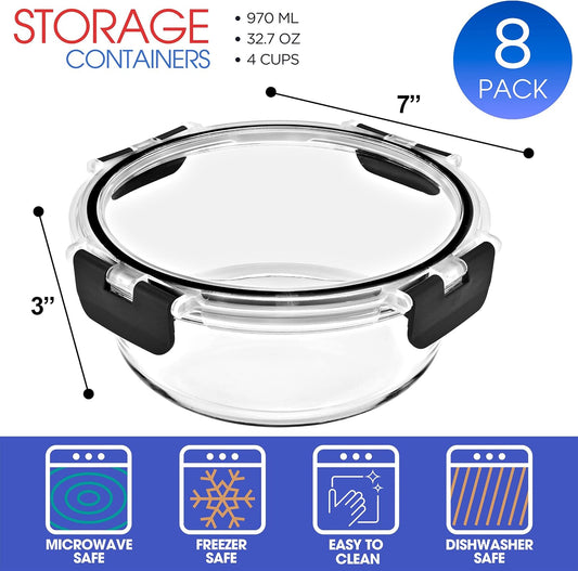 Sorbus Glass Meal Prep Containers Set – 8 Round 32oz Containers with Airtight Lids – Freezer, Dishwasher, Oven Safe – Reusable Food Storage Bowls