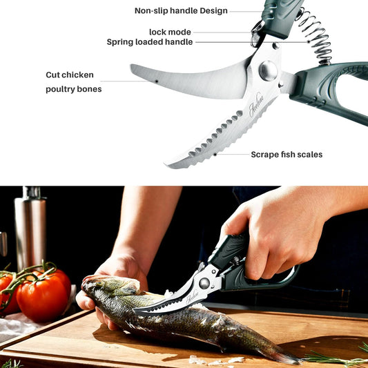 Acelone Poultry Shears - Heavy Duty Kitchen Chicken Shears With Anti-Slip Handle & Safety Lock - Poultry Scissors for Meat, Game, Chicken, Bone, Poultry & More - Spring Loaded.