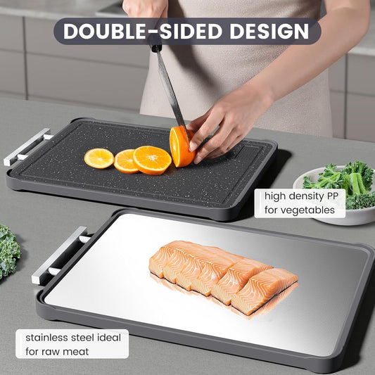 Kikcoin 17"×11" 304 Stainless Steel Cutting Boards for Kitchen, Dishwasher Safe Food Grade PP Double Sided Cutting Board, Extra Large Non-Toxic Chopping Board for Meat, Cheese & Charcuterie, Black