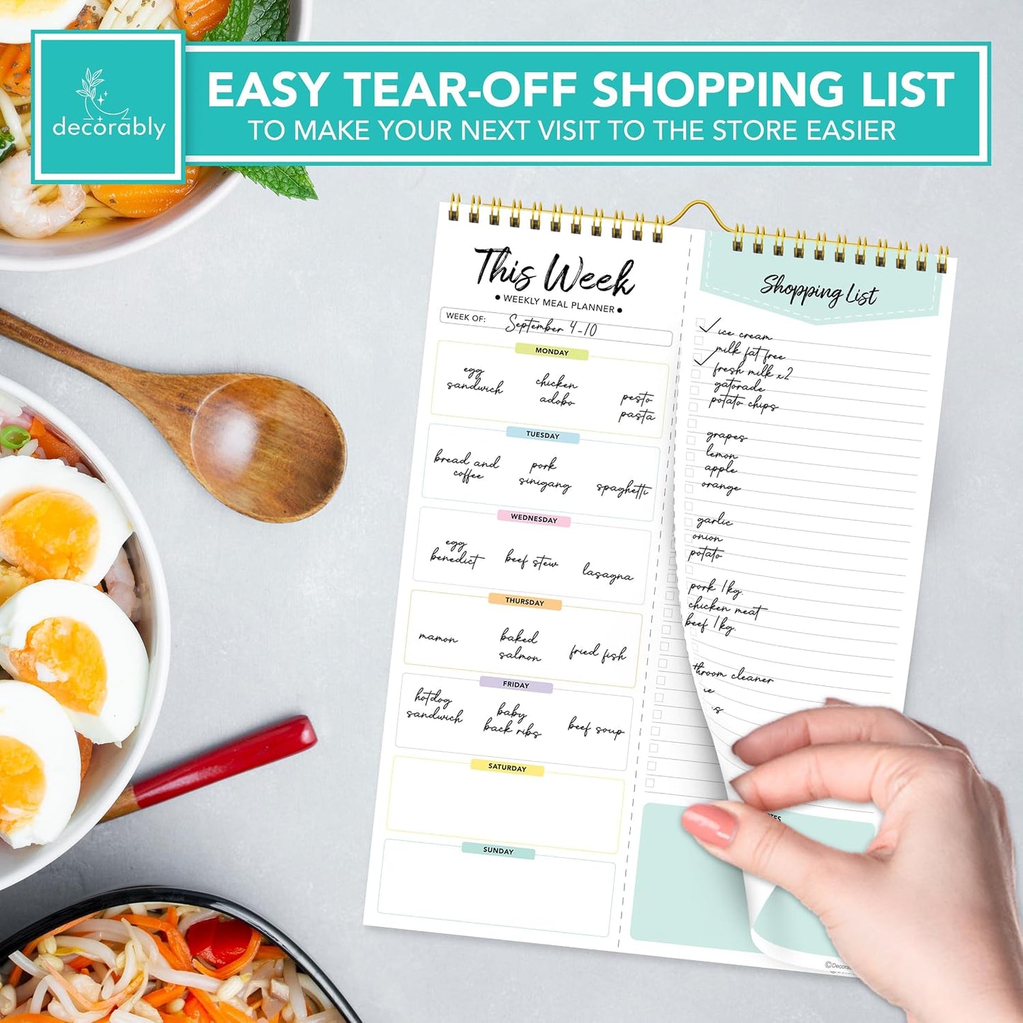 Decorably 52 Sheets Pastel Rainbow Weekly Meal Planner for Fridge with 4 Strong Magnets - 6x9in Spring-Bound Refrigerator Mountable, Easy Tear-Off Design, Track Food, Drinks, & Home Supplies